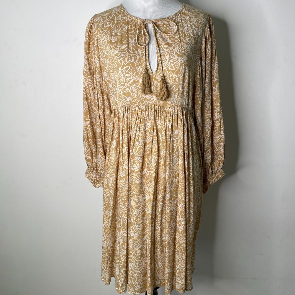 Sonmer Women's Tan White Long Sleeve Floral Print Pleated Dress Size Small